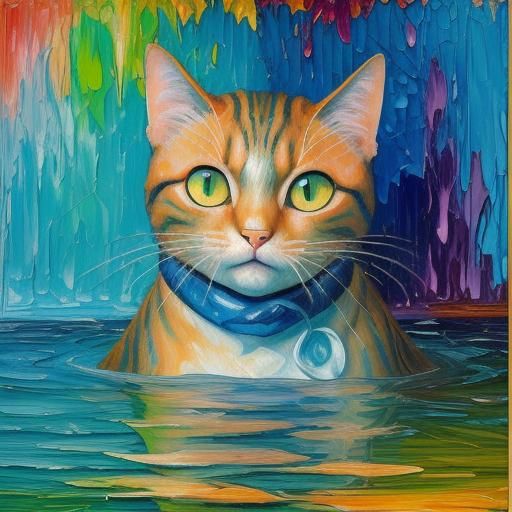 Bioluminescent Cat Underwater: Expressionist Impasto Paintin...