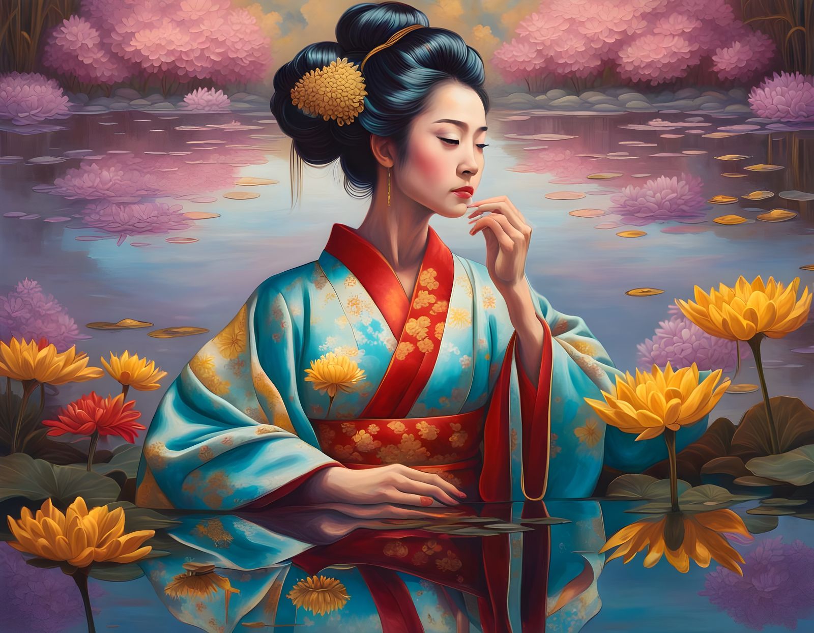 Ethereal Geisha in Vibrant Lacecraft Kimono, Reflected in Se...