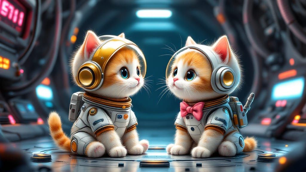 Cats in Robot Costumes on Neon Space Station