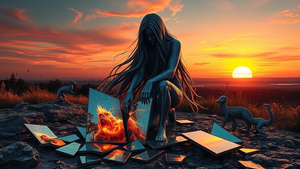 Fragmented Sculpture of Woman at Sunset in Bio Art Style