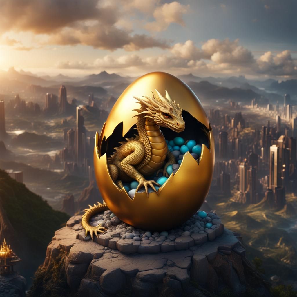 Baby Dragon Hatching Overlooking City, Fantasy Art