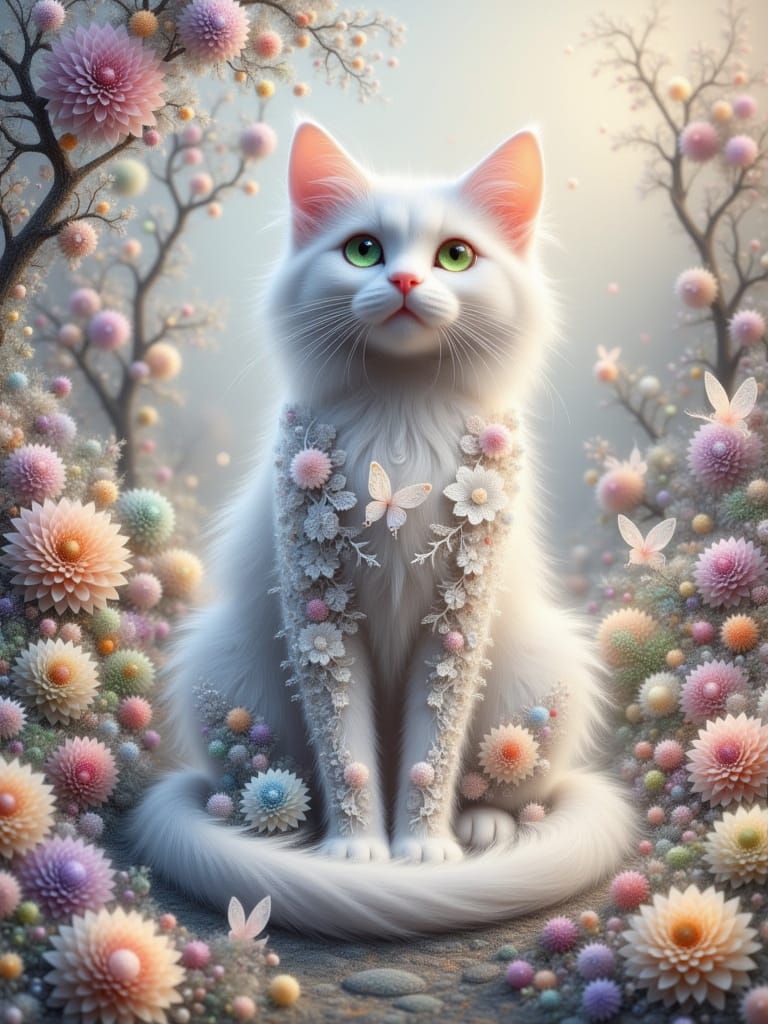 Fractal Lace Landscape with White Cat and Butterflies