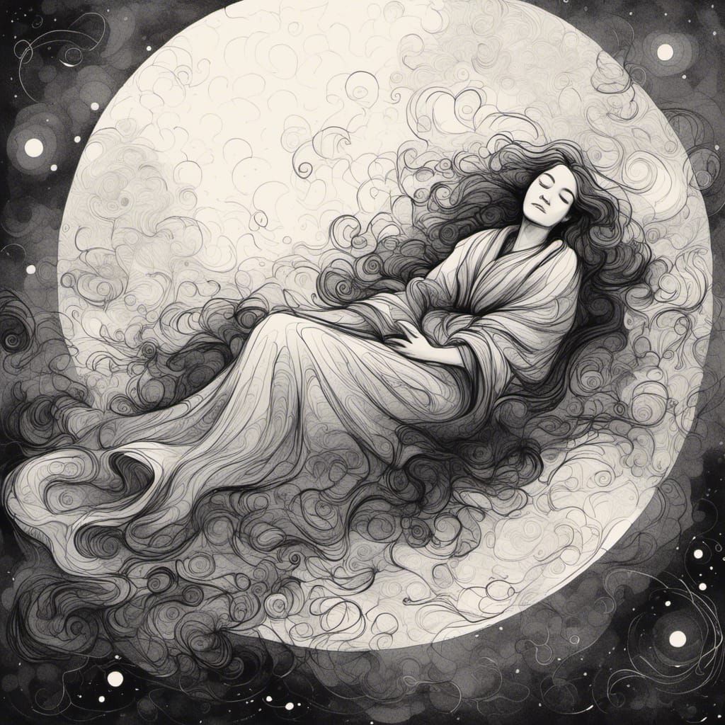 Woman in Robe Sleeping in Cosmic Dreamscape