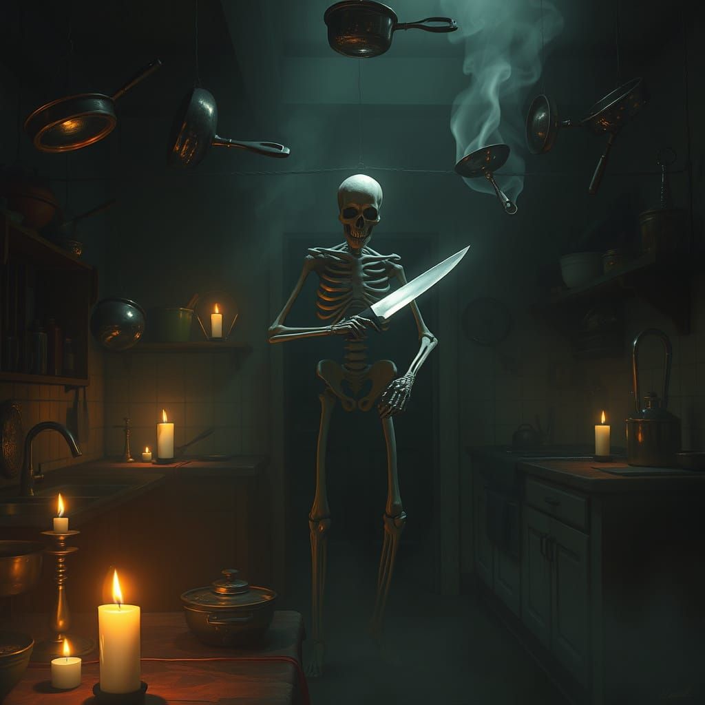 Haunted Kitchen with Skeletal Chef and Floating Utensils