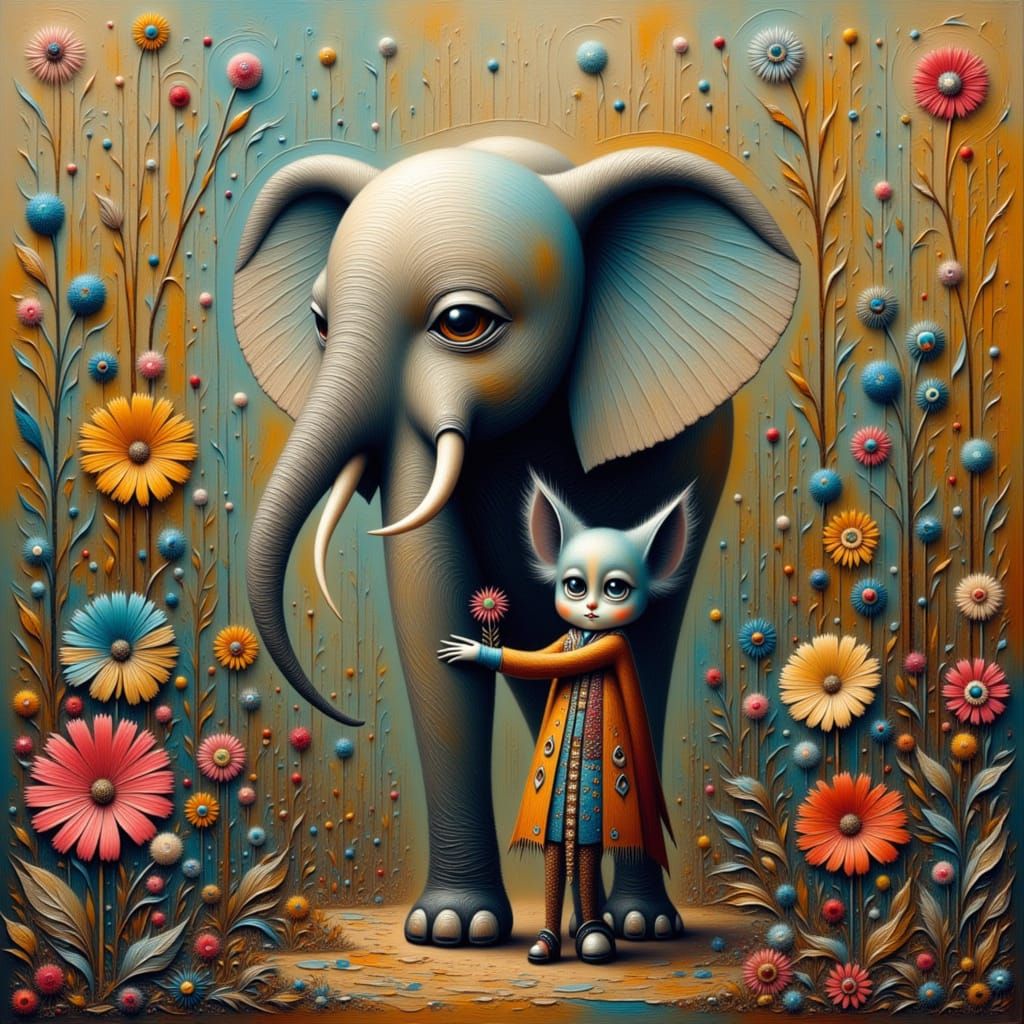 African Elephant, small creature with child-like face, large eyes; admiration, love, sweet fantasy.. the elephant curls ...