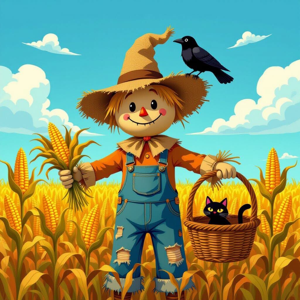 Cartoon Scarecrow Gathers Corn with Crow and Cat
