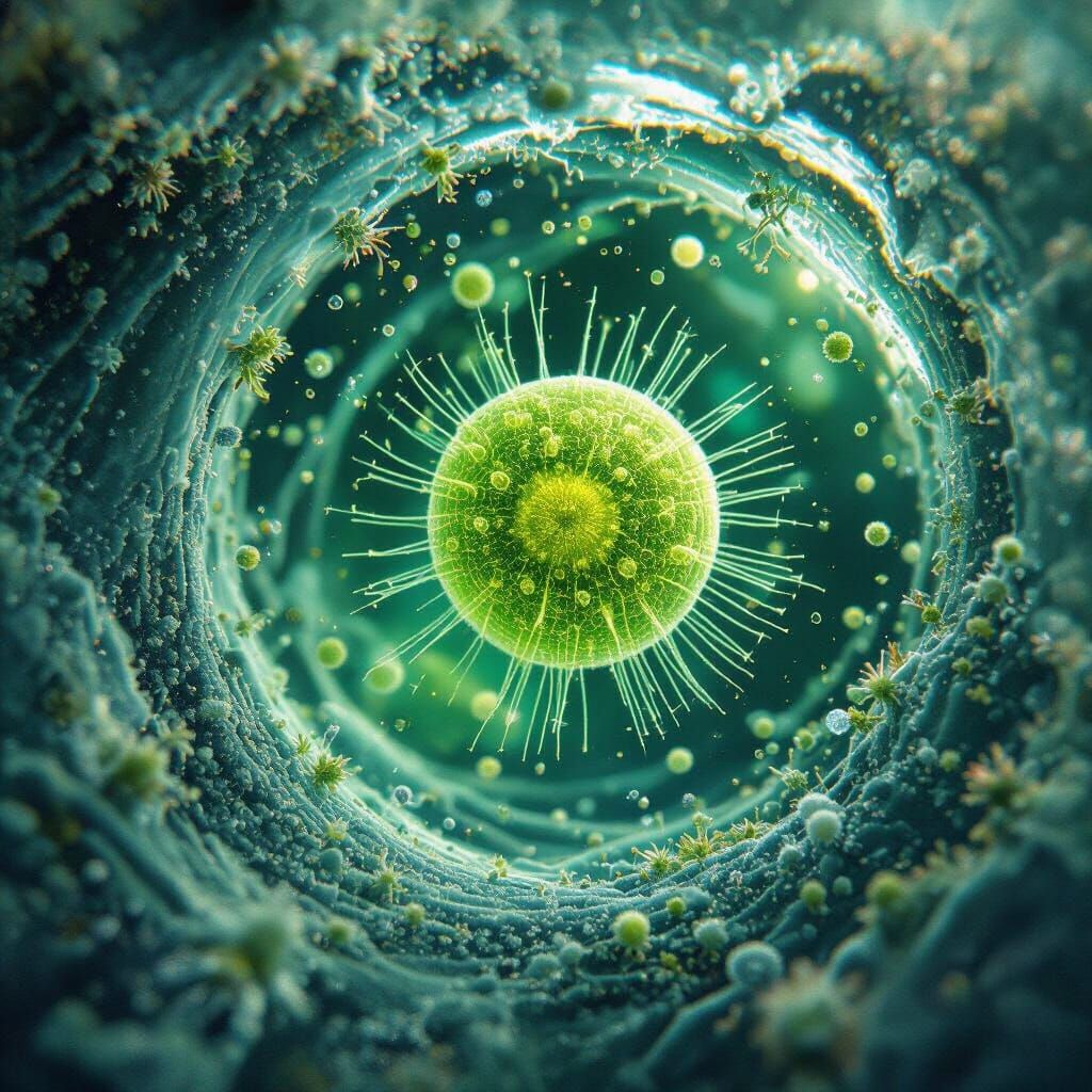 Green Algae Cell in Microscopic Freshwater Ecosystem