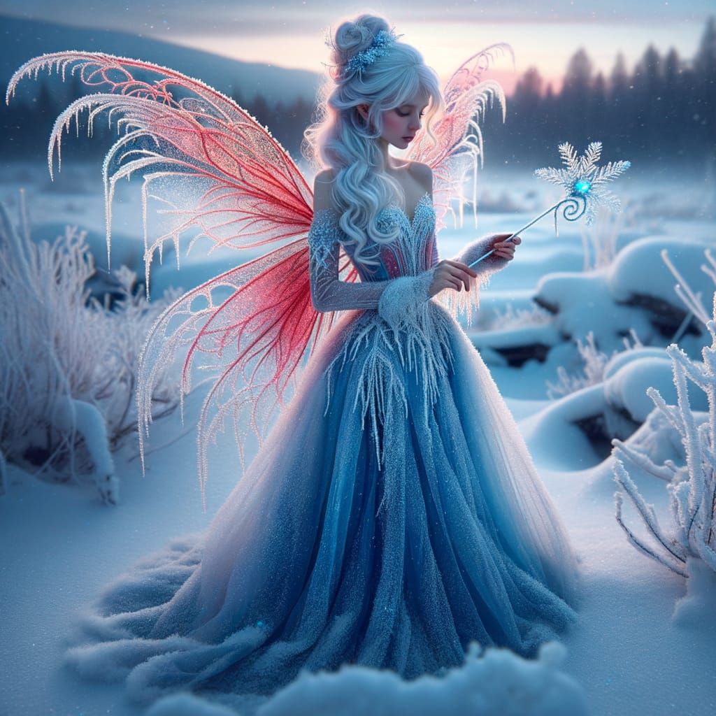 Red, White, and Blue Winter Fairy in Snow Landscape
