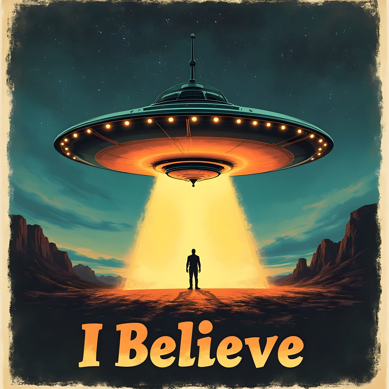 Retro-Futuristic Flying Saucer Poster in Vintage Sci-Fi Styl...