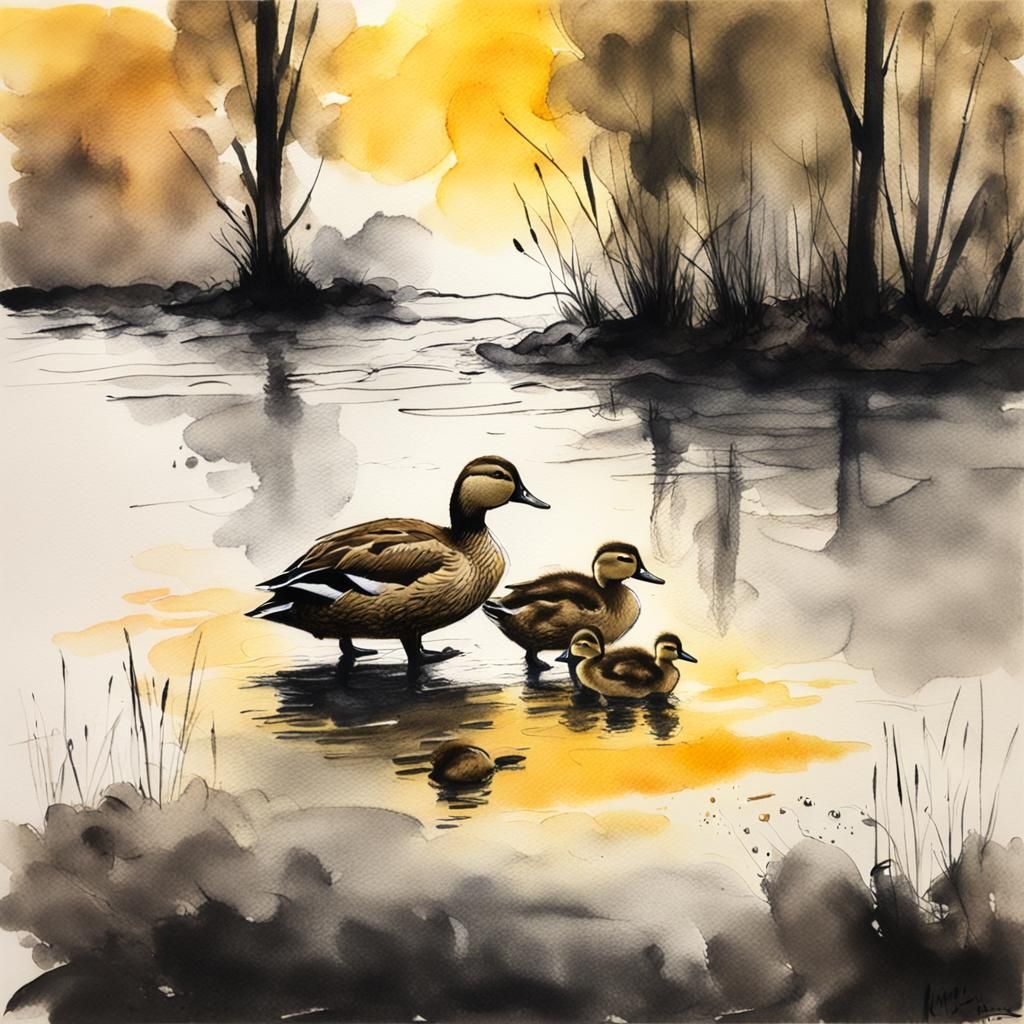 Mother Duck and Chicks: Charcoal and Ink Sketch
