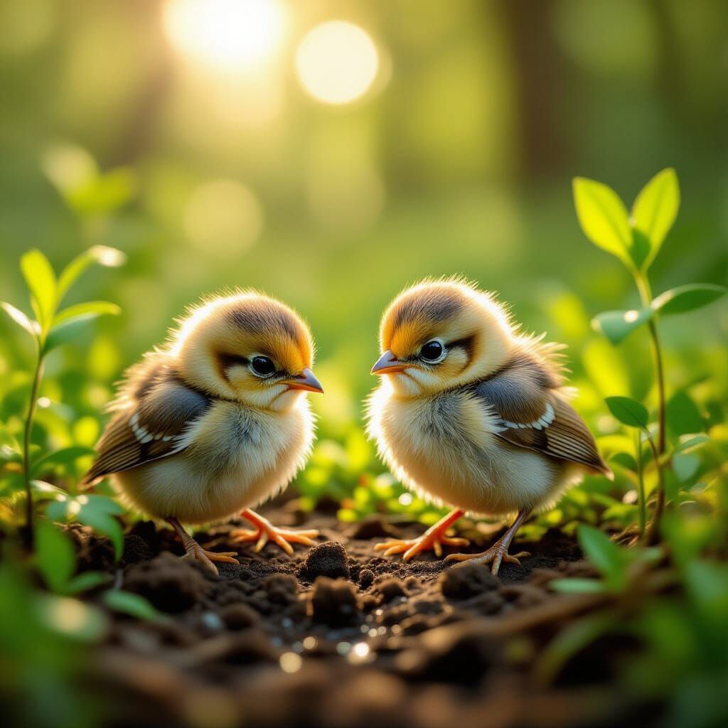 Fluffy Baby Birds Chirping in Sun-Dappled Forest Clearing