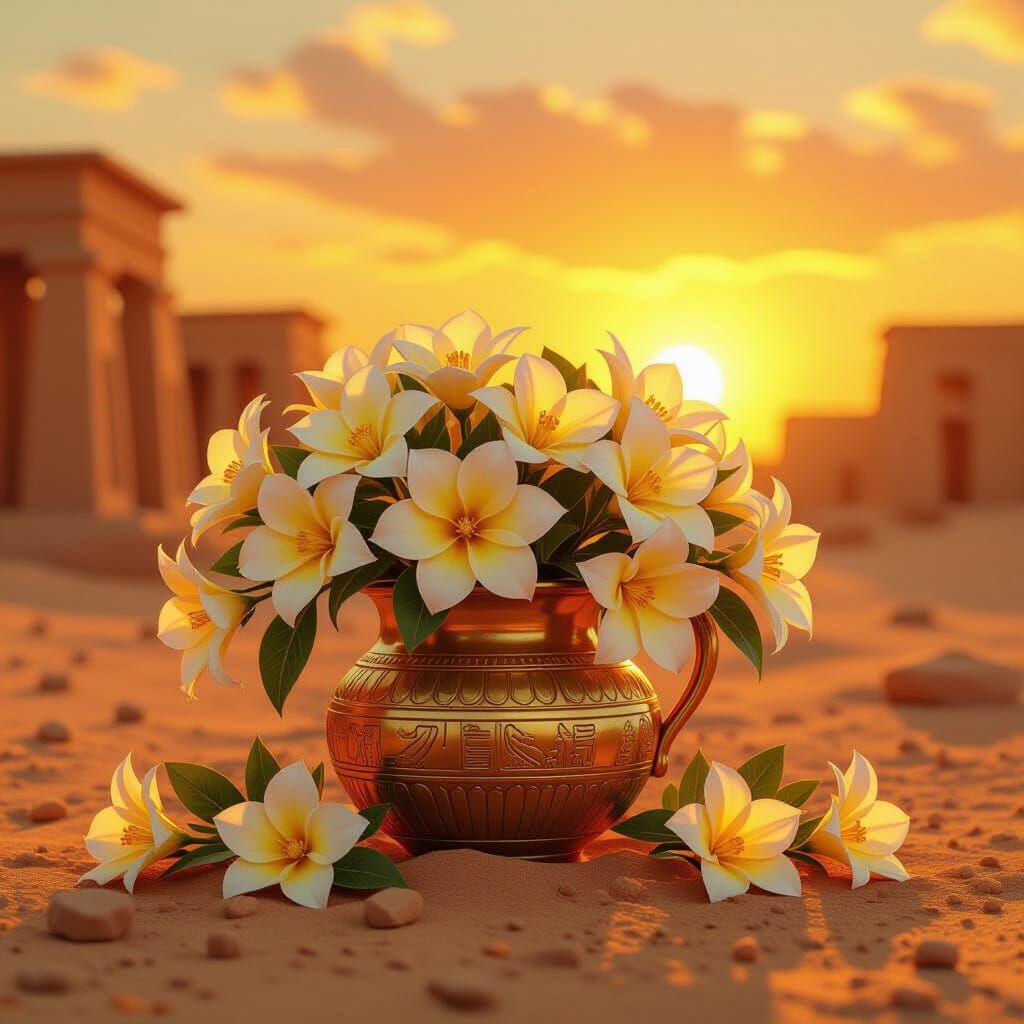 Golden Jasmine Overflowing from Egyptian Vessel, Digital Art