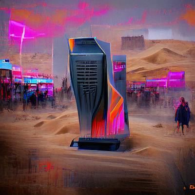 Cyberpunk Monolith Amidst Desert Landscape
