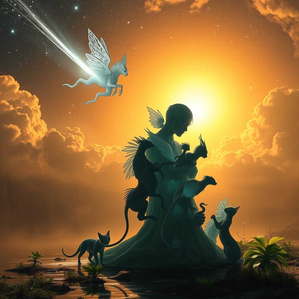 Celestial Being Rides Comet in Vibrant, Cosmic Landscape