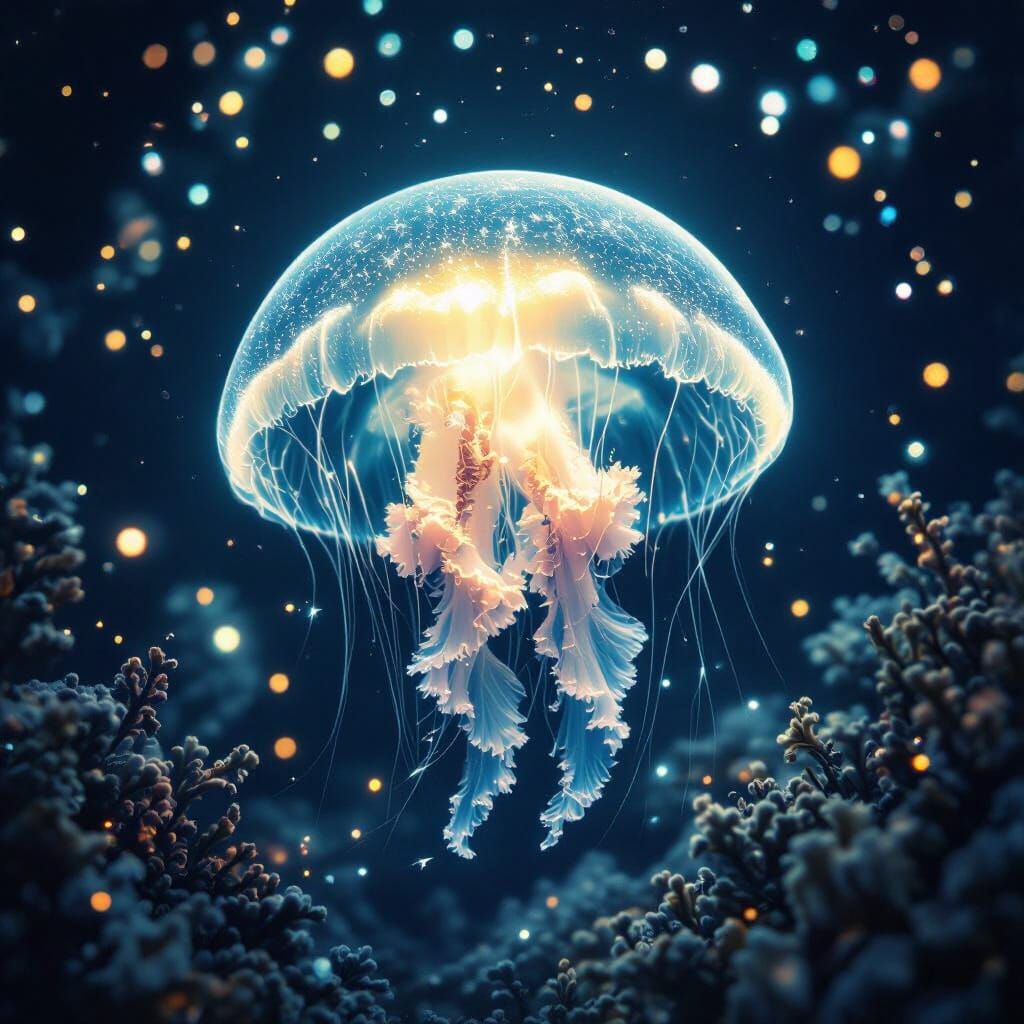Bioluminescent Jellyfish in Abyssal Ocean with Ethereal Ligh...