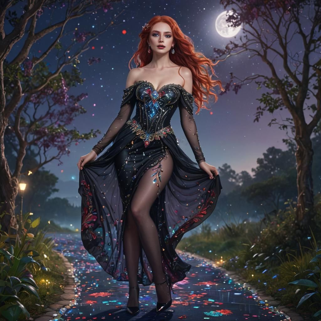 Goddess with Gemstone Hair in Moonlit Fantasy Art