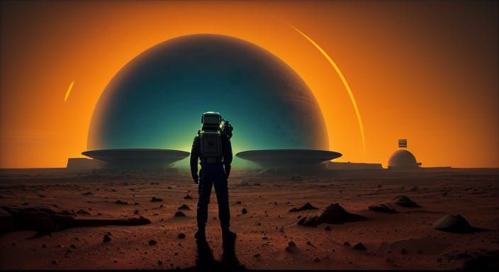 Astronaut on Mars Gazing at Earth in Sci-Fi Style