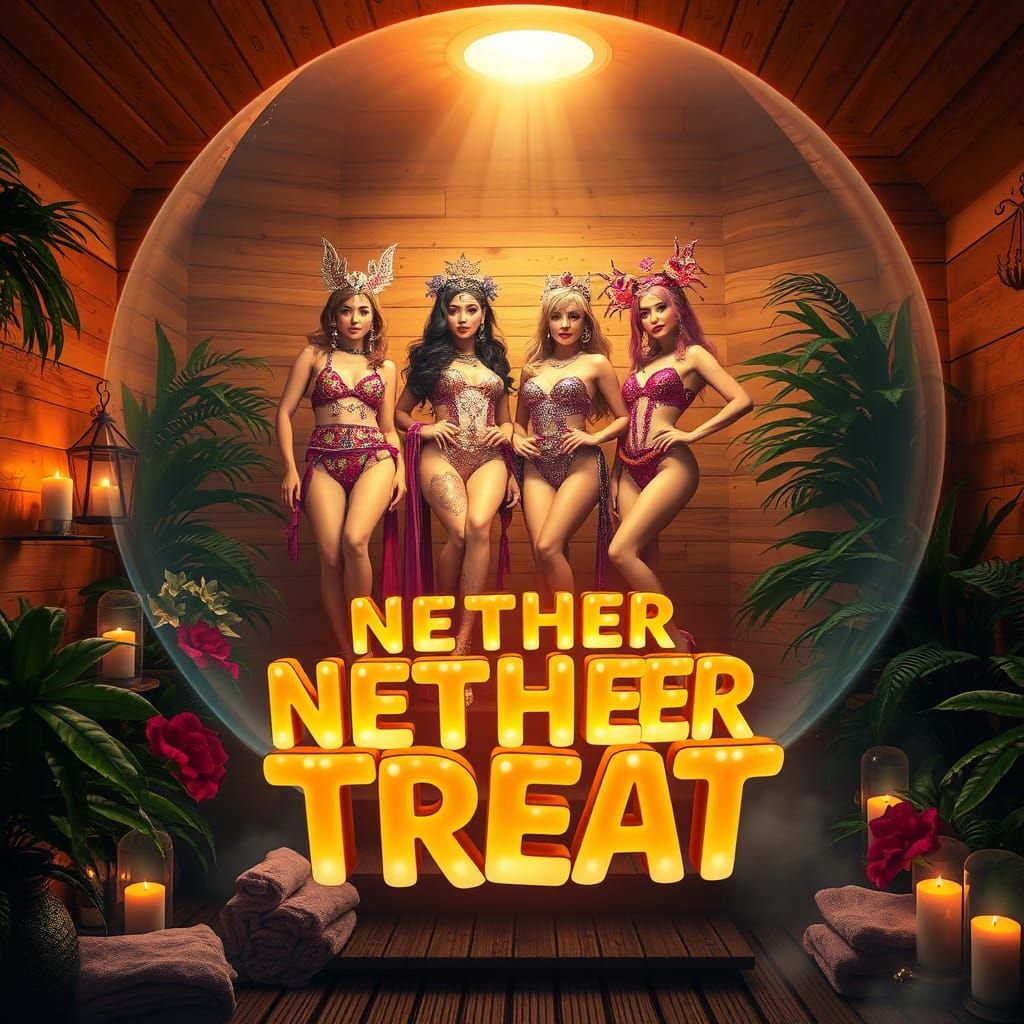 Radiant Sauna Scene with Women in Shimmering Costumes