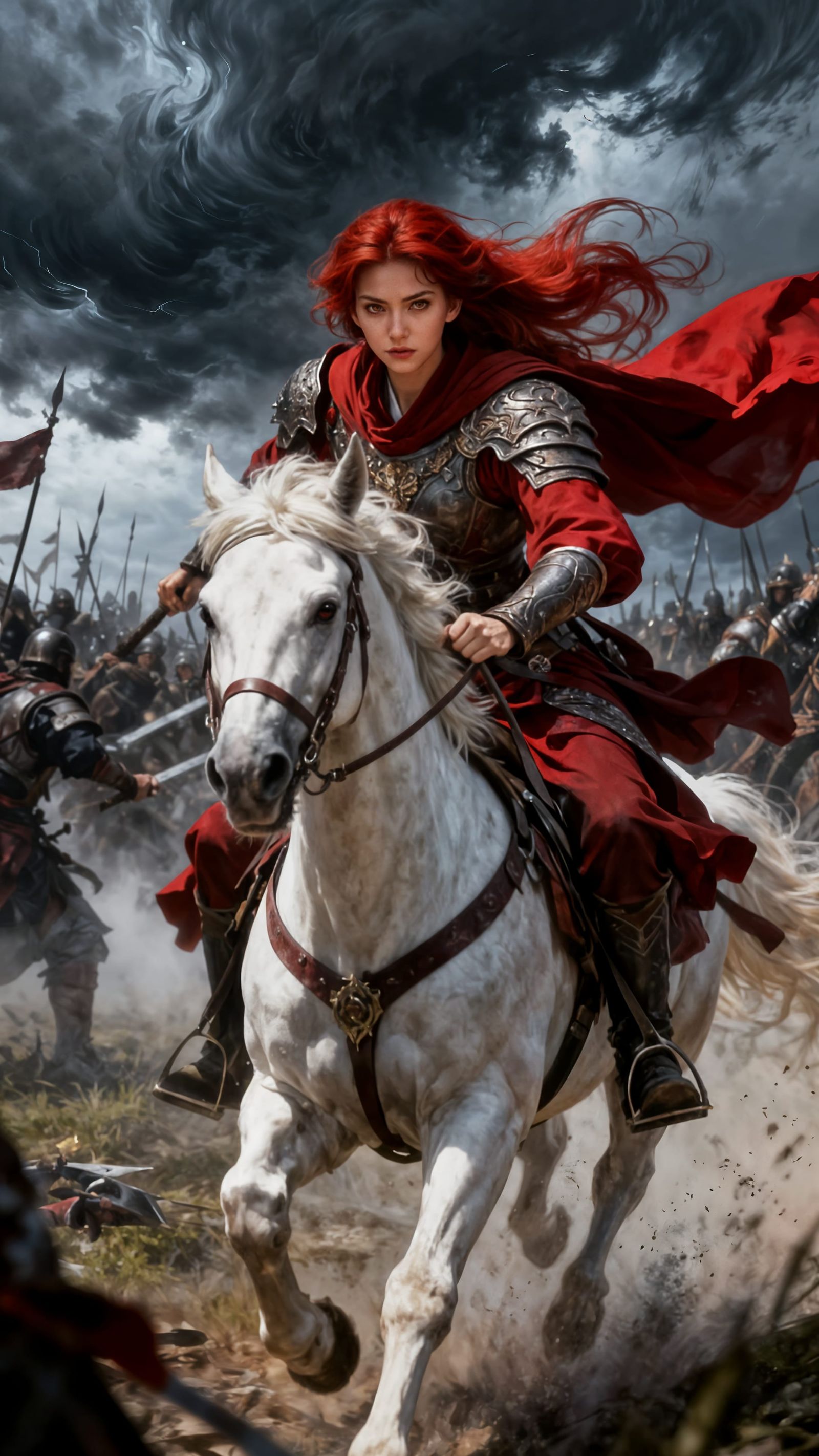 Warrior Woman in Armor Rides Horse into Battle