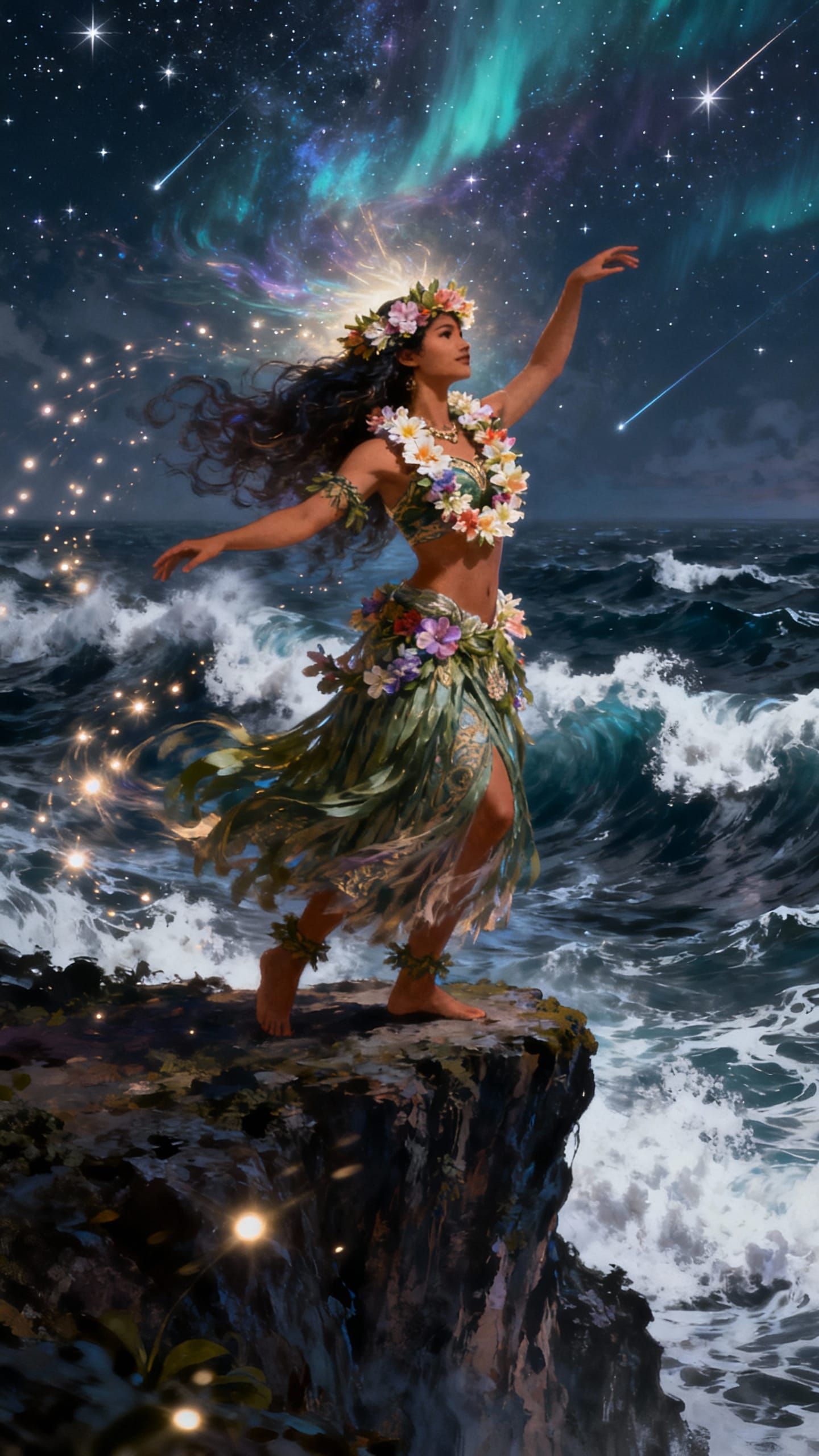 Hawaiian Hula Dancer on Cliff Overlooking Starry Ocean