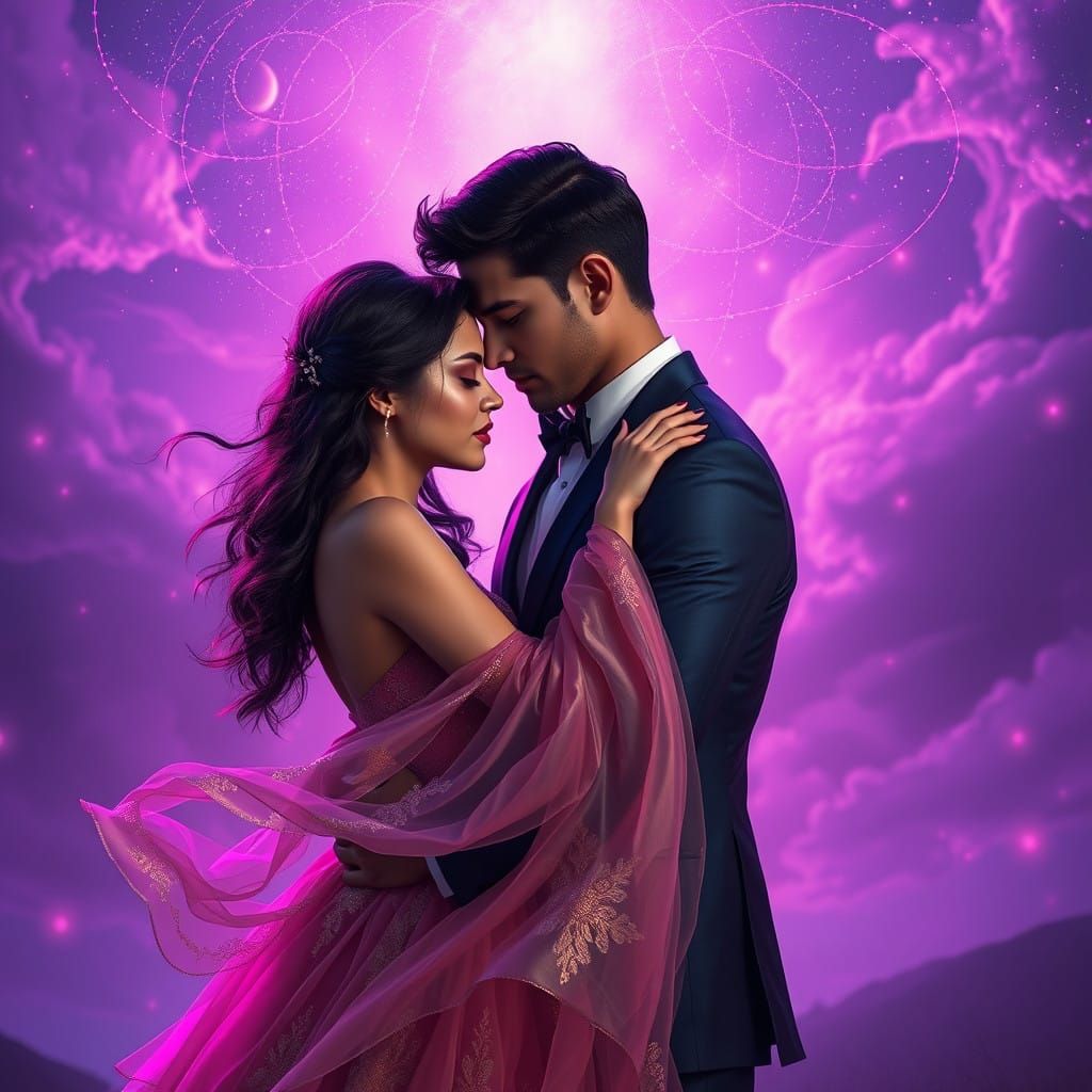 Dreamy Couple Embracing Under Vibrant Purple Sky