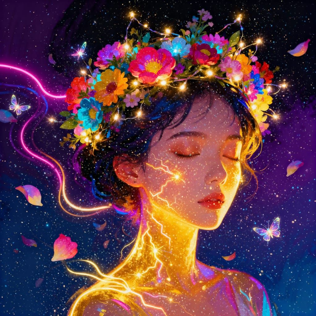 Surreal Woman Portrait with Flower Crown & Neon Sheen