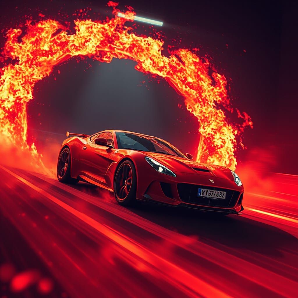 Crimson Sports Car Speeds Through Blazing Ring of Fire