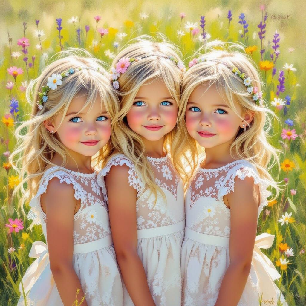 Three Blonde Twin Girls in Lace Dresses in a Meadow