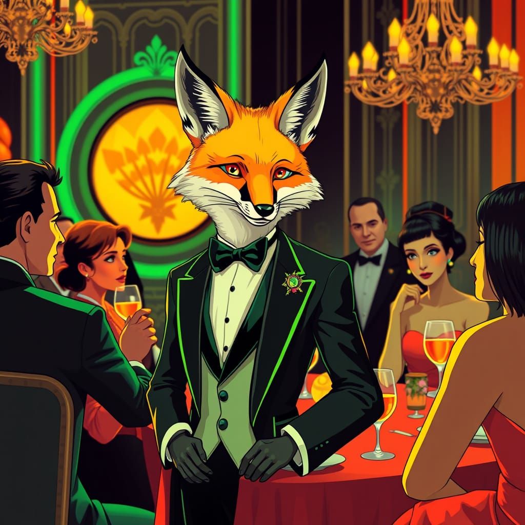 Fox in Tuxedo at Dinner Party, in Futuristic Style