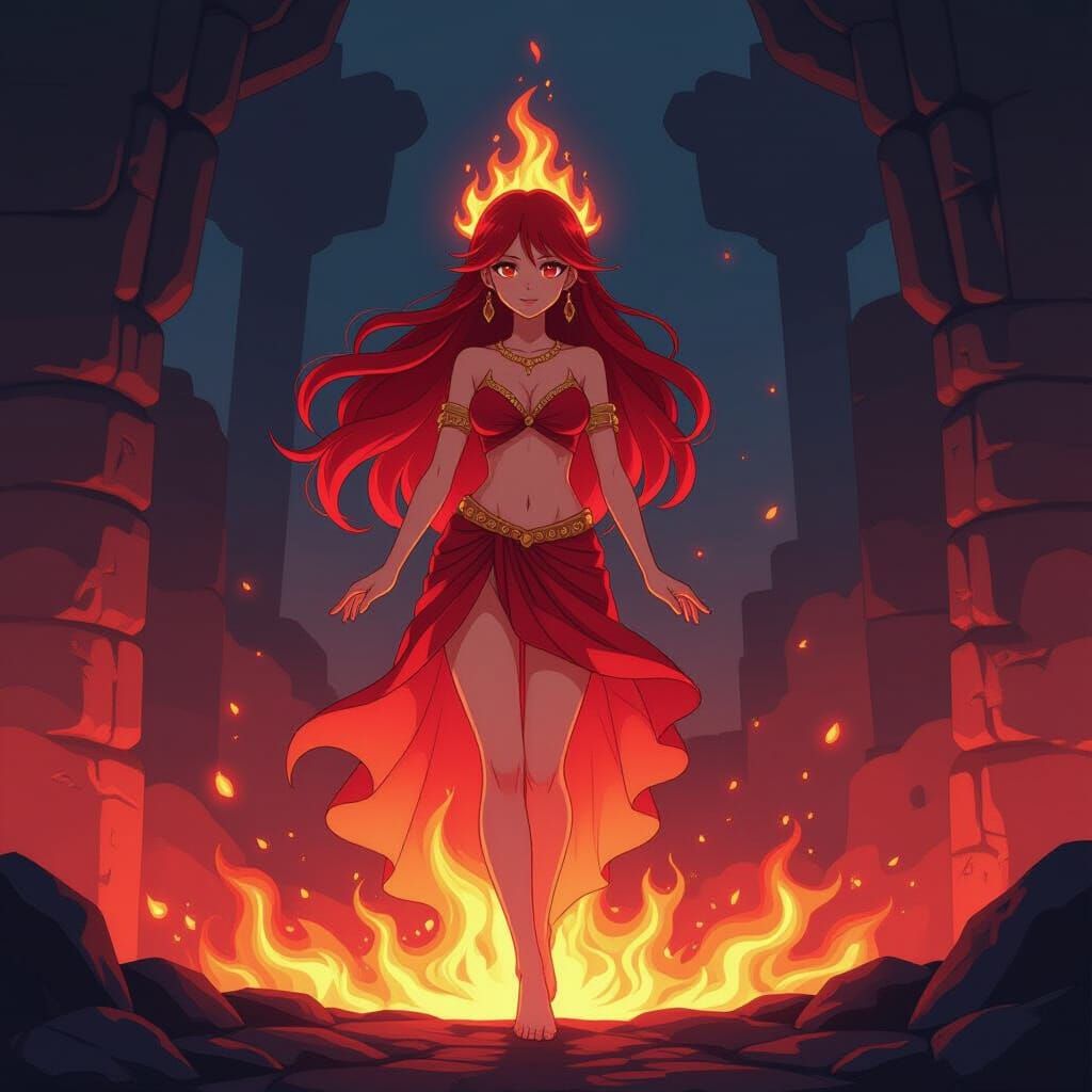 Fire Goddess Amidst Molten Lava, Manga Style