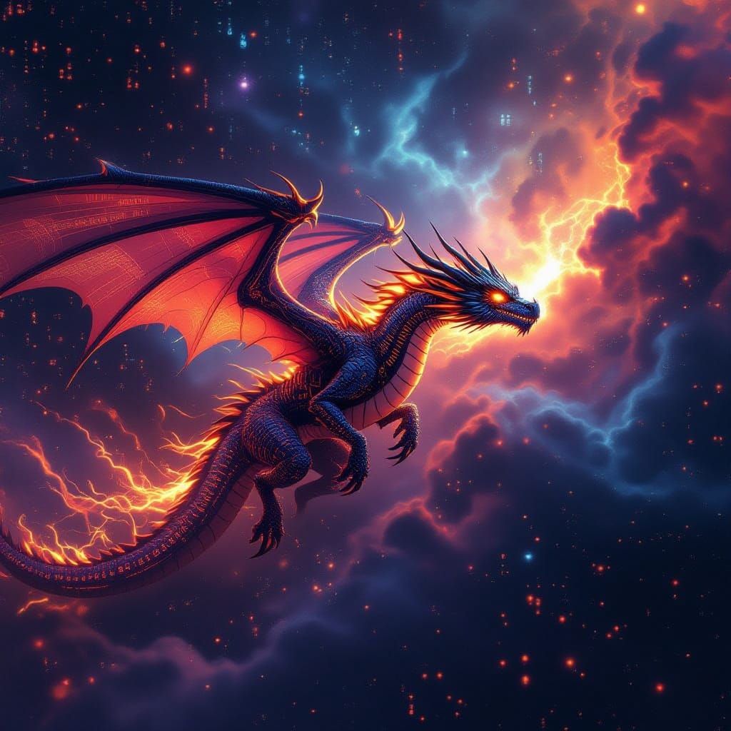 Cyberpunk Dragon Soars Through Digital Nebula