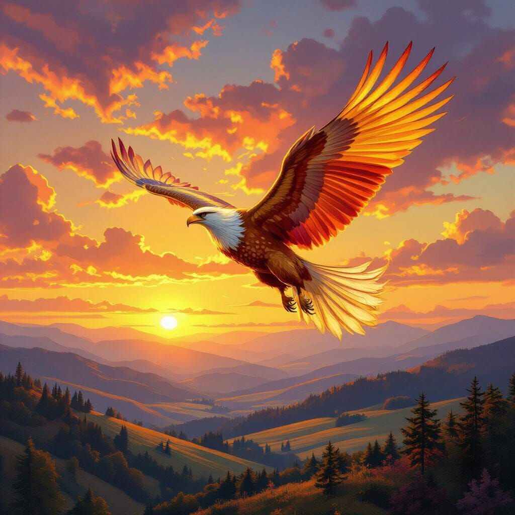 Griffin Soaring at Sunset in Bierstadt Style