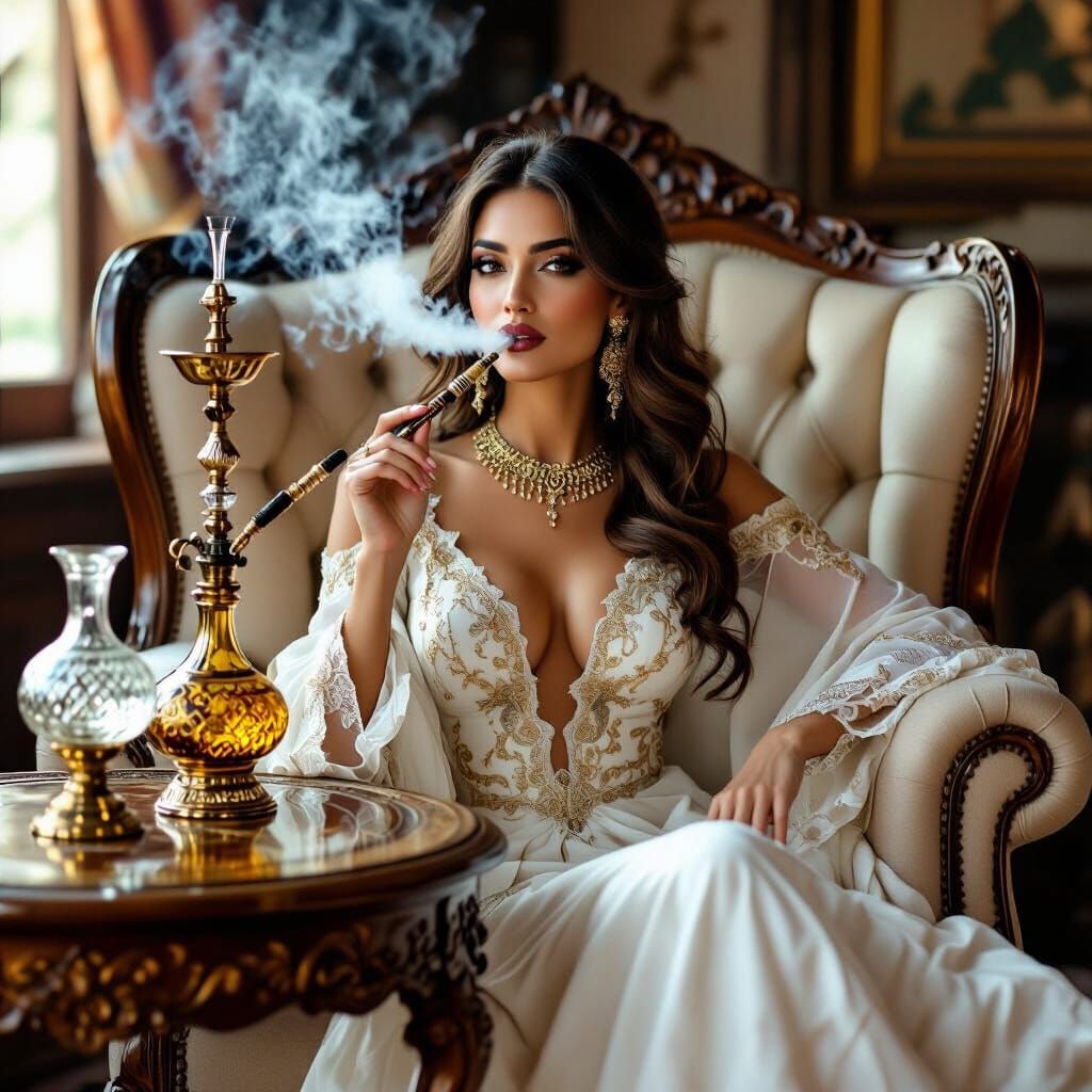 Elegant Woman Smoking Hookah, Art Nouveau Style