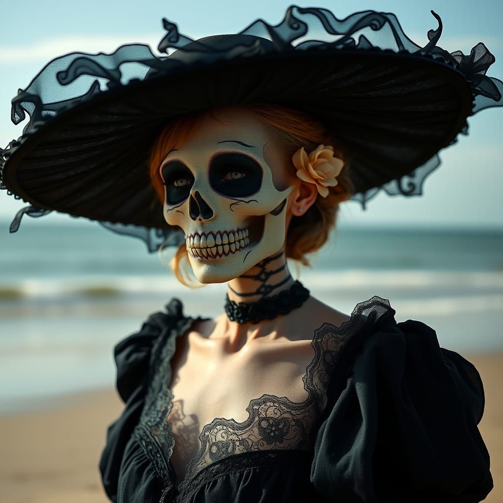 Victorian Gothic Woman with Skeleton Face on Beach