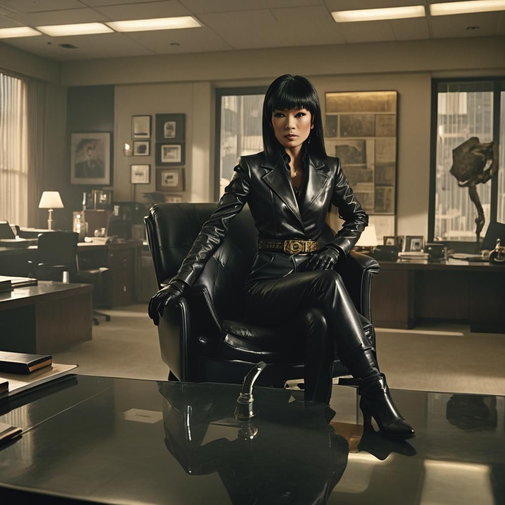 Bai Ling in Black Leather Suit, Cinematic Office Scene