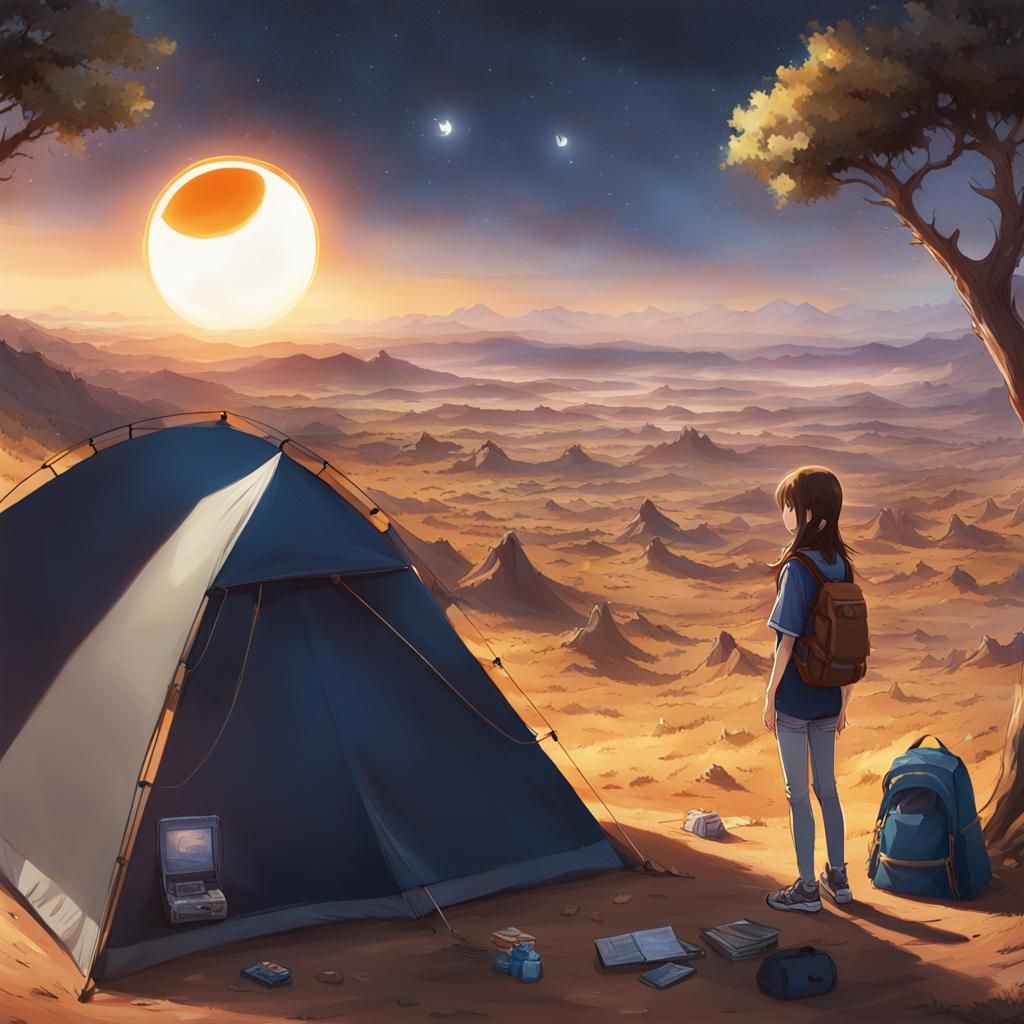 Desert Camping at Total Solar Eclipse, Anime Art