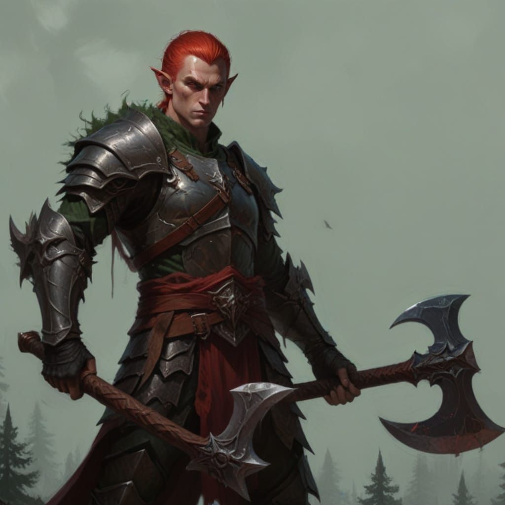 Elf Axeman in Blood Red Hair and Brigandine Armor