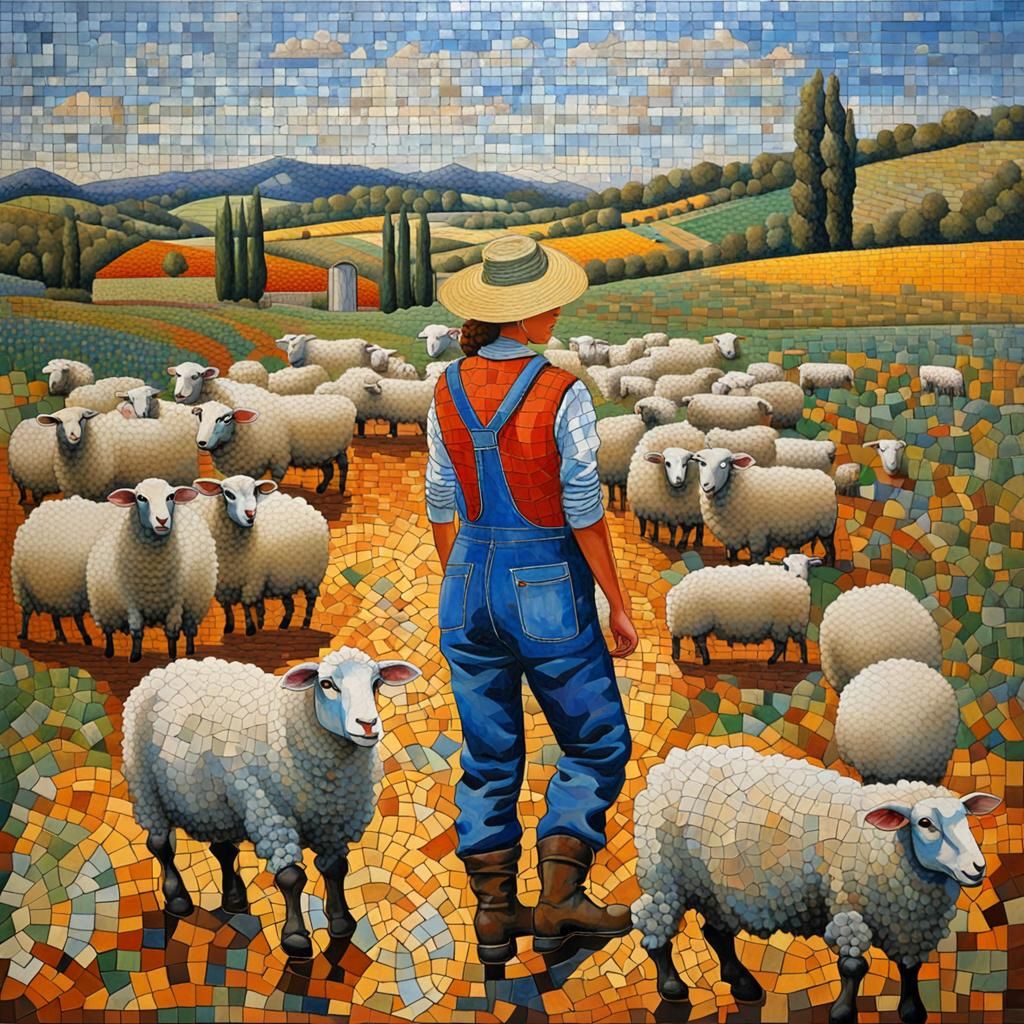 French Farmer with Sheep in Mosaic Style