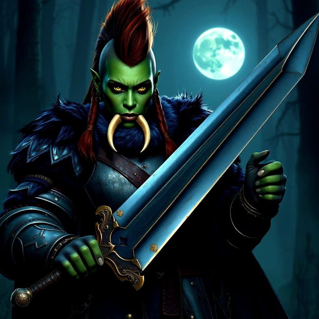 Half-Orc Knight Prepares for Battle in Moonlit Forest