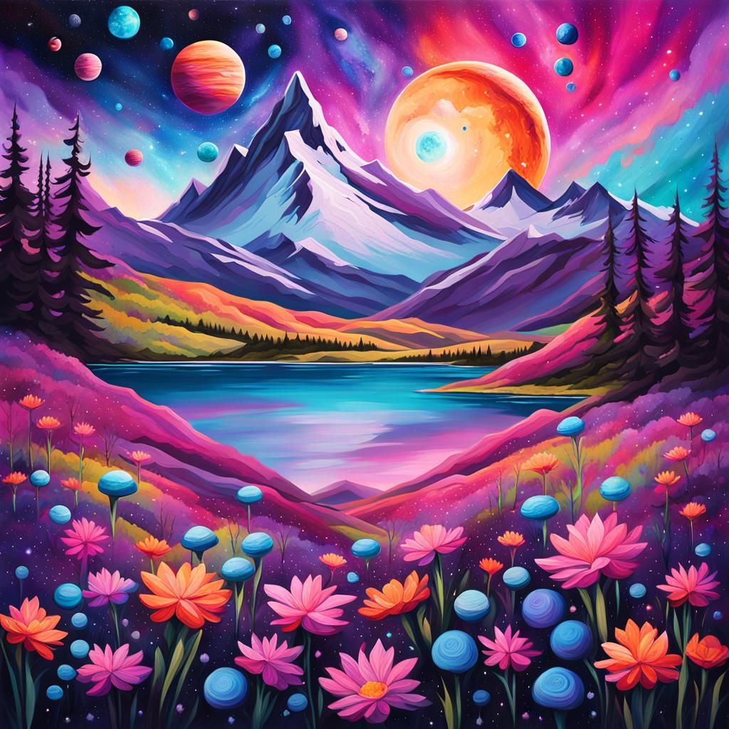 Vibrant Cosmic Mountain in Street Art Style