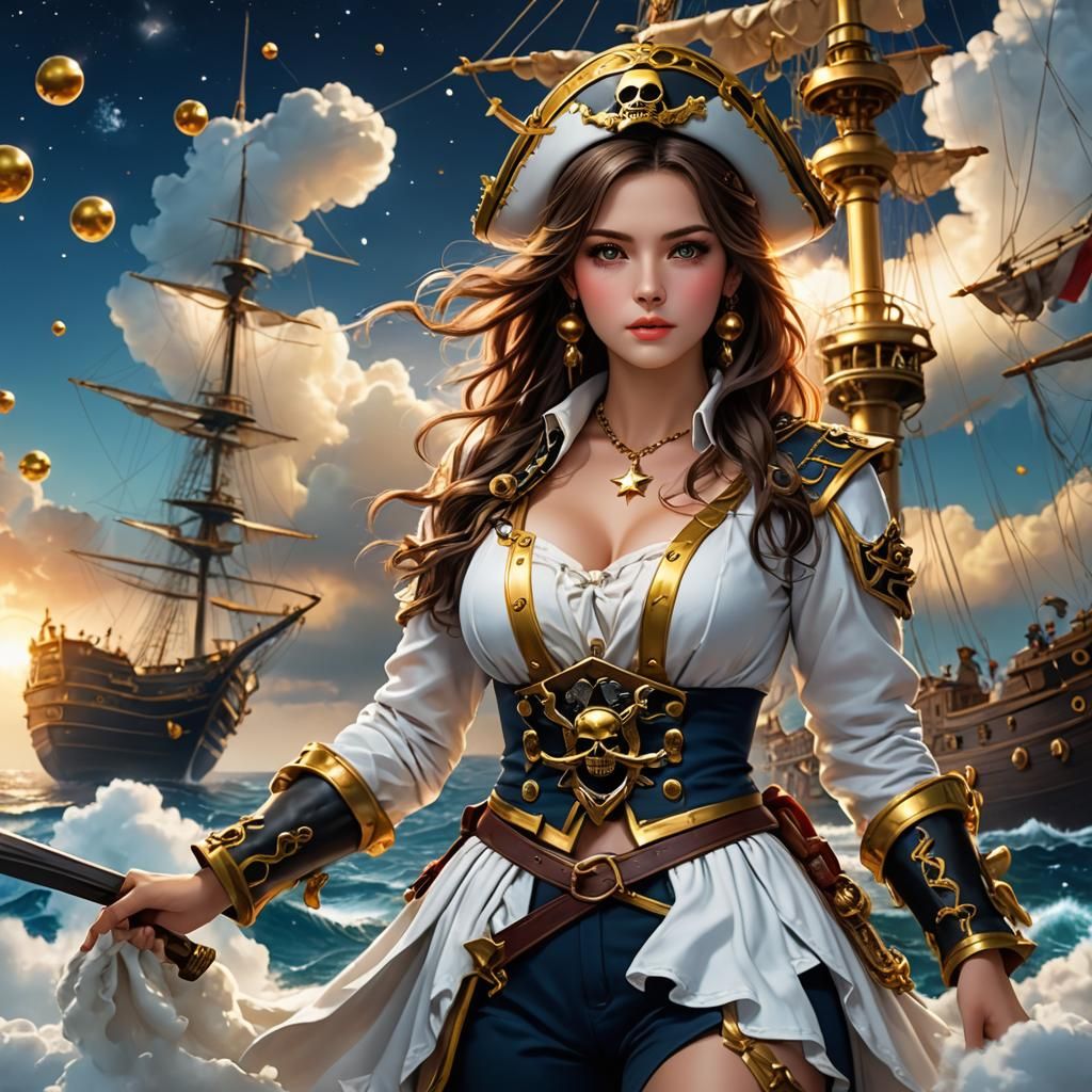 Golden Pirate on a Cloudy Sea in Vibrant Colors