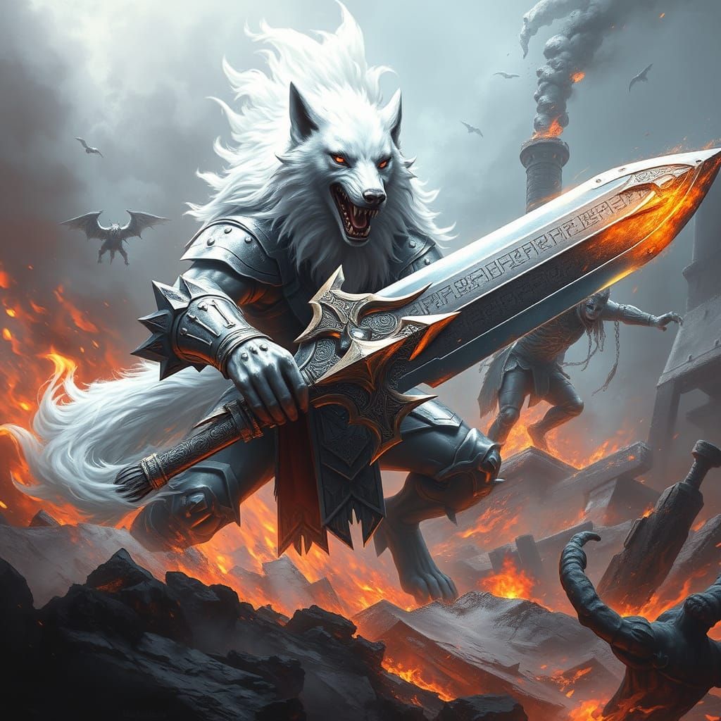 Majestic Archon Hound Battles Fiery Demi-God in High-Fantasy...
