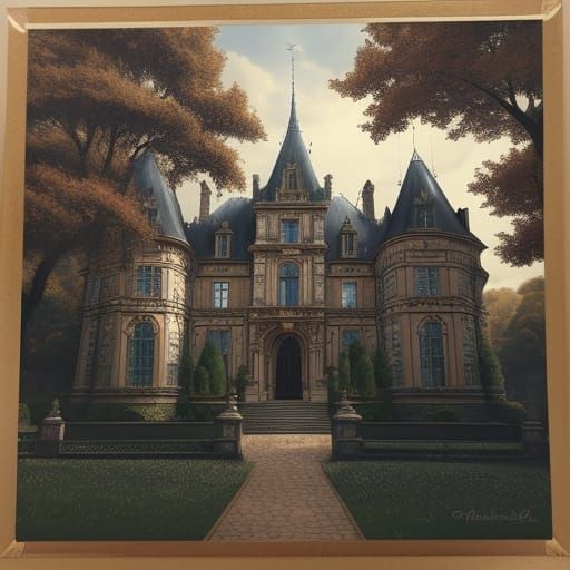 French Chateau in Autumnal Splendor, Hyperrealistic Line Dra...