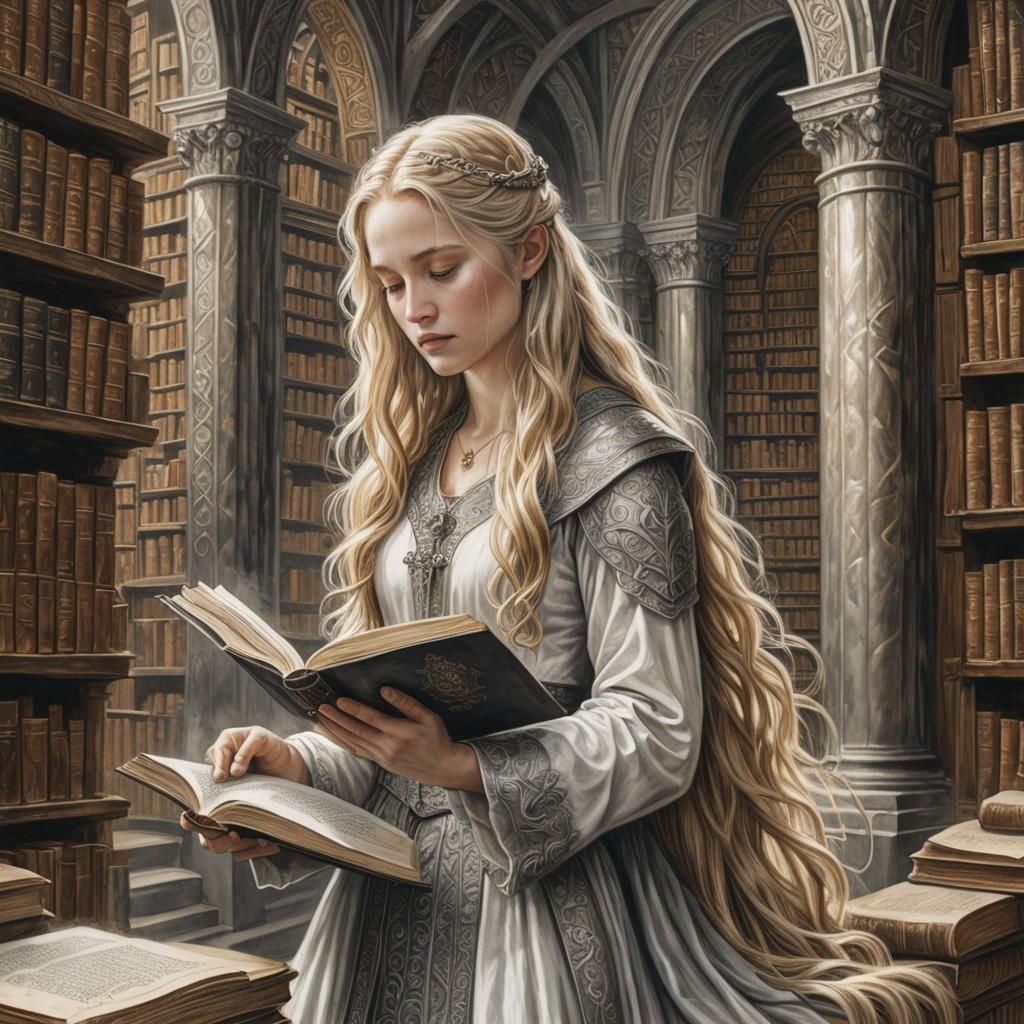 Eowyn in Ancient Library: Hyperdetailed Charcoal Drawing