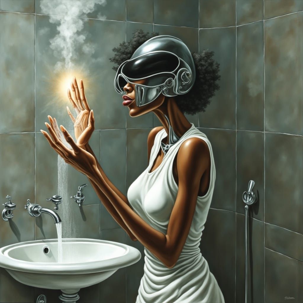 Futuristic Android Woman Washes Face With Glowing Water