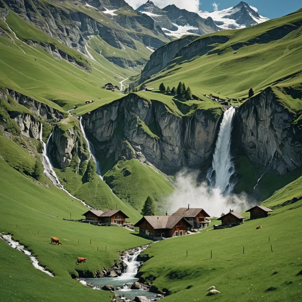 Majestic Waterfall in Swiss Alps: Photorealistic Alpine Scen...