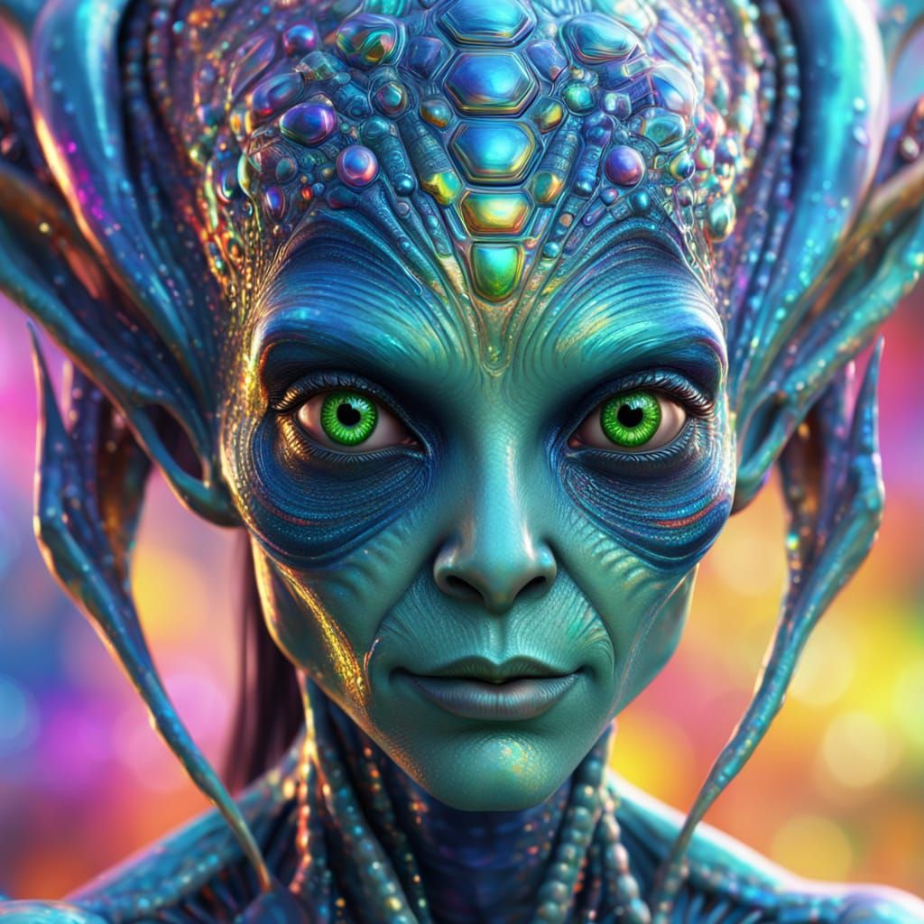 Hyperrealistic Alien Portrait with Iridescent Skin