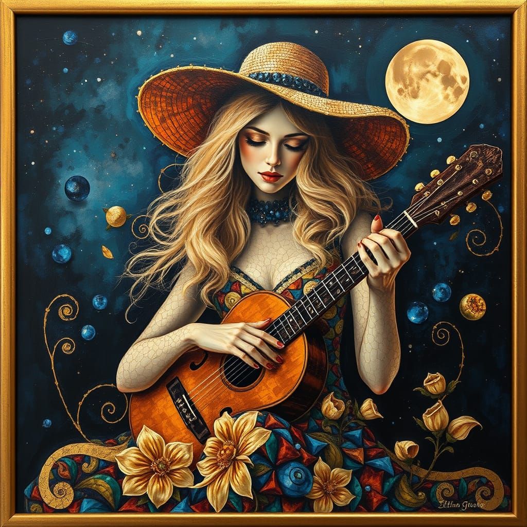 Surreal Golden Goddess Plays Instrument in Dreamlike Setting