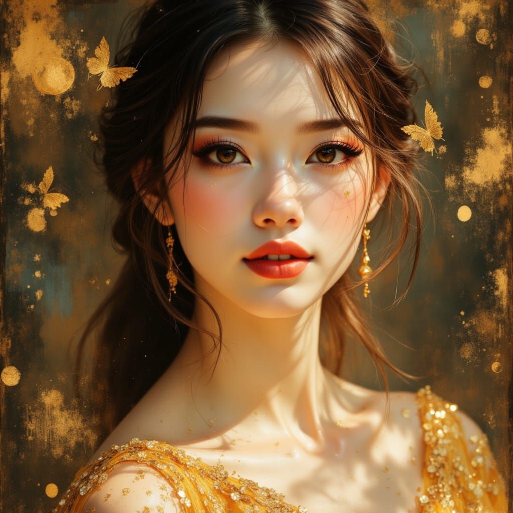 Elegant Asian Goddess in Gold Gown