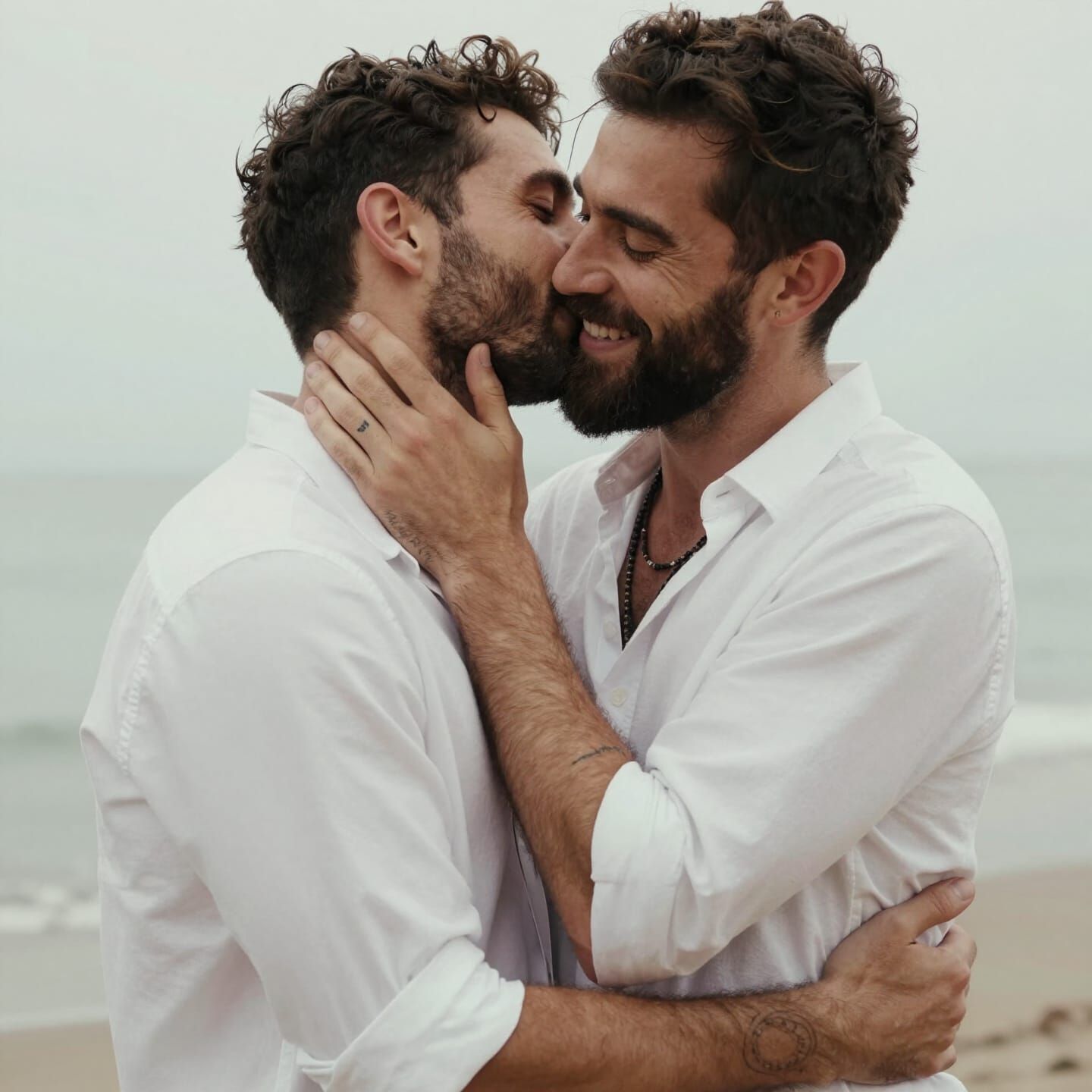 Affectionate Embrace Between Two Men in White Shirts